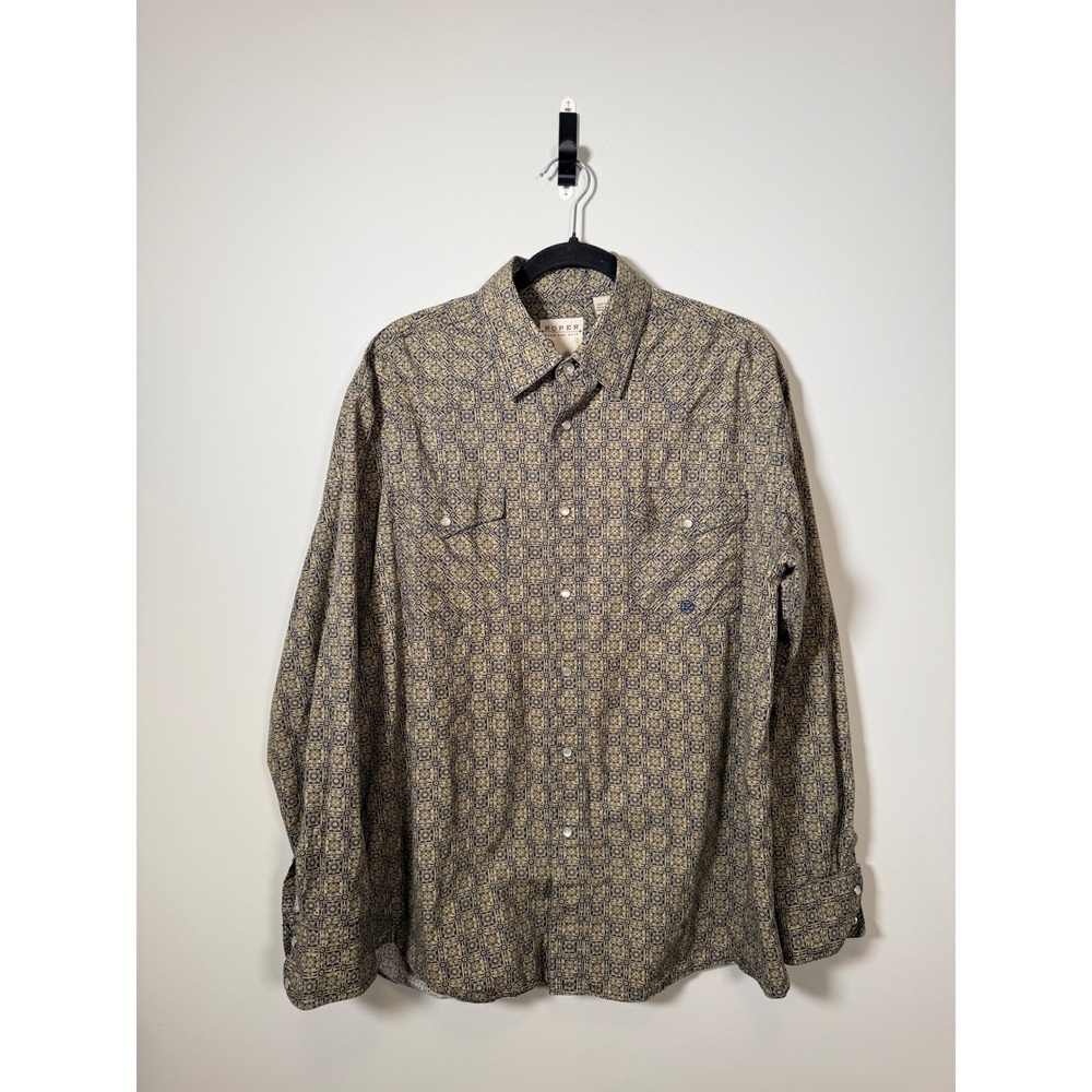 Roper Mens Large Blue Tan Geometric Pearl Snap Western Shirt Cotton